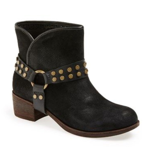 UGG Darling Black Suede Bronze Stud Harness Slip On Ankle Boots - Picture 1 of 10